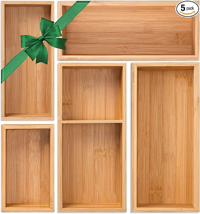 Bamboo Drawer Organizer 5 Pcs for Kitchen Multi-purpose Storage Dividers for Kitchen, Office, Jewelry, Cosmetics, Wooden Drawer Dividers for Drawer Organizer Desk Organizer Gift for Women Gifts Idea-CasaMuseHome