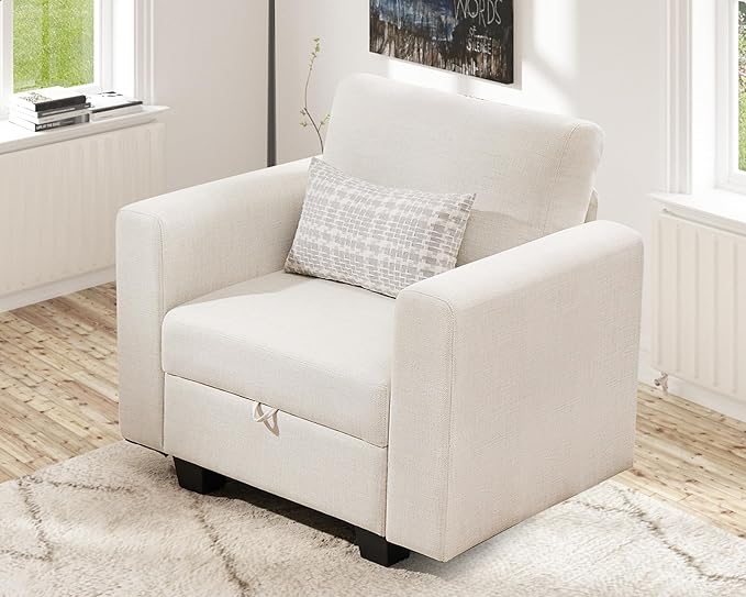 38.5 Oversized Accent Chair with Storage Beige, Single Modern Accent Sofa Chair with Arms for Apartment Living Room Linen(21" Deep Seat)-CasaMuseHome