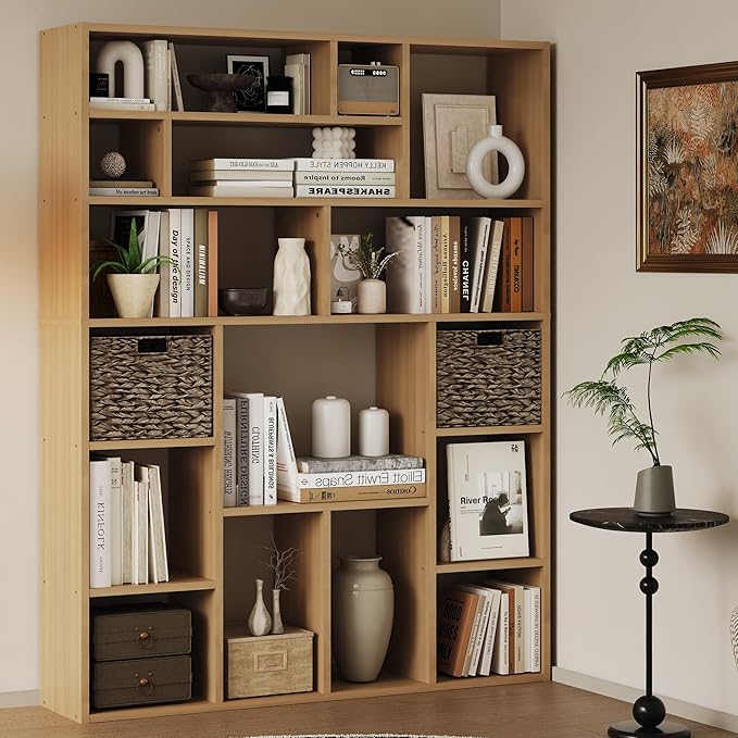 71" Tall 6-Tier Heavy Duty Bookcase with 2 Foldable Storage Baskets, 55" Wide Open Bookshelf with 16 Irregular Cubes for Living Room, Office （Yellow）-CasaMuseHome