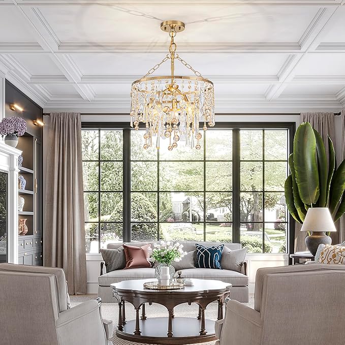 3-Lights K9 Crystal Chandeliers, Luxury Vintage Pendant Light Fixture for Dining Room, Living Room, D15*H20.4~66.8 inch (Adjustable), Clear Crystal & Gold Finish-CasaMuseHome