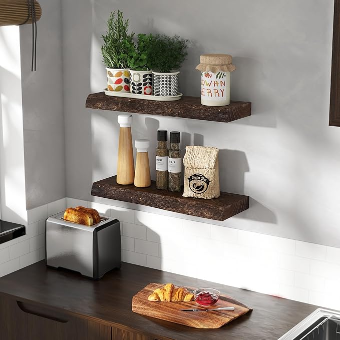 24" Floating Shelves, Live Edge Solid Elm Wood Floating Shelf, Wall Mounted Display Shelves with Heavy-Duty Bracket for Books, Rustic Wooden Shelf for Kitchen, Bathroom, Walnut Color, Set of 2-CasaMuseHome