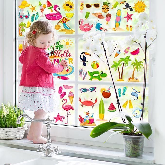 9 Sheets Summer Window Clings, Double Sided Summer Window Clings for Glass Windows, Hello Beach Decals, Sun Watermelon Pattern Stickers for Home Office Accessories Decorations-CasaMuseHome