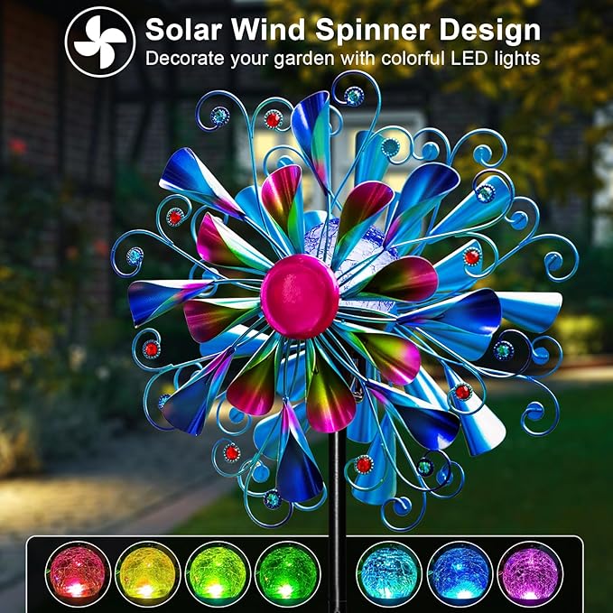 60'' Wind Spinner with Color Glass Ball Solar Lights, Blue Peacock Feathers Metal Garden Outdoor Decor Yard Lawn Art Decor for Patio Kinetic Windmills Unique Gifts for Friends and Family-CasaMuseHome