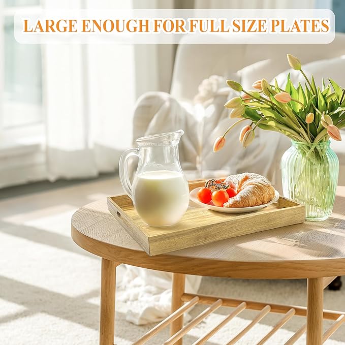 3 Pack Acacia Wood Serving Tray with Handles, Decorative Serving Trays Platter for Breakfast in Bed, Lunch, Dinner, Patio, Ottoman, Coffee Table, BBQ, Party, Great for Lap &Couch (Set of 3)-CasaMuseHome