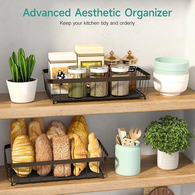 3 Tier Fruit Basket for Kitchen Counter with 2 Mobile Banana Hangers, 2025 Pro Detachable Metal Fruit Bowl with Wooden Handle, Fruit Holder for Bread Snack Veggies, Brown-CasaMuseHome