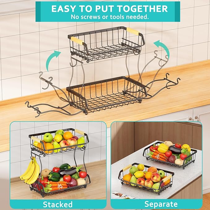2 Tier Fruit Basket with 2 Banana Hangers, Detachable Countertop Fruit Bowls for Kitchen Counter, Metal Wire Fruit Vegetable Storage Holder Stand with Wooden Handles for Bread, Snacks, Veggies-CasaMuseHome