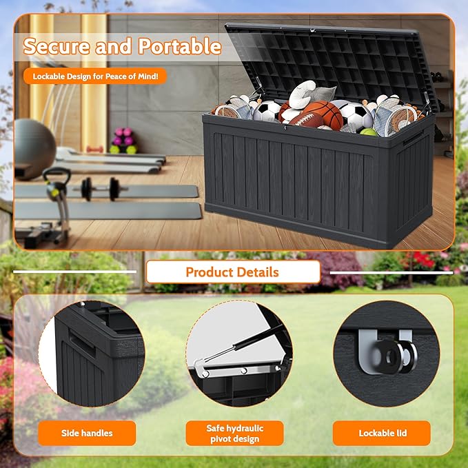 230 Gallon Double-Wall Resin Deck Box - Lockable Waterproof Outdoor Storage Box, 1000lbs Capacity & Doubles as Seating for Patio Furniture - Garden Tools, Pool Accessories (Black)-CasaMuseHome