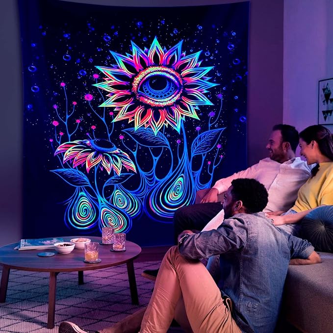 ADDWel Blacklight Sunflower Tapestry, Hippie Eye Tapestry Glow In The Dark, UV Reactive Black Light Upright Posters Wall Hanging for Bedroom Dorm Living Room Backdrop Decor-CasaMuseHome