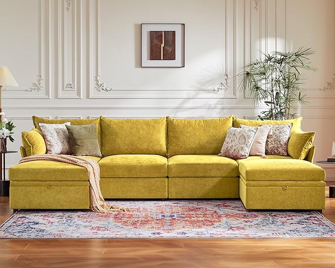 134.6" Luxury Modular Sectional Convertible Sofa with Storage Ottoman, L-Shape 5-Seat Oversized Comfy Couch Deep Seat with Reversible Chaise - Chenille Yellow-CasaMuseHome