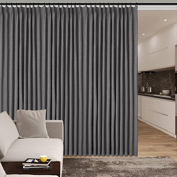150 Inches Extra Wide Room Divider Draperies, Pinch Pleat Drapes, Absolutely Blackout Sliding Door Drapery, Total Privacy Ceiling Track Curtains, 150" W by 96" L, Natural Grey (1 Panel)-CasaMuseHome