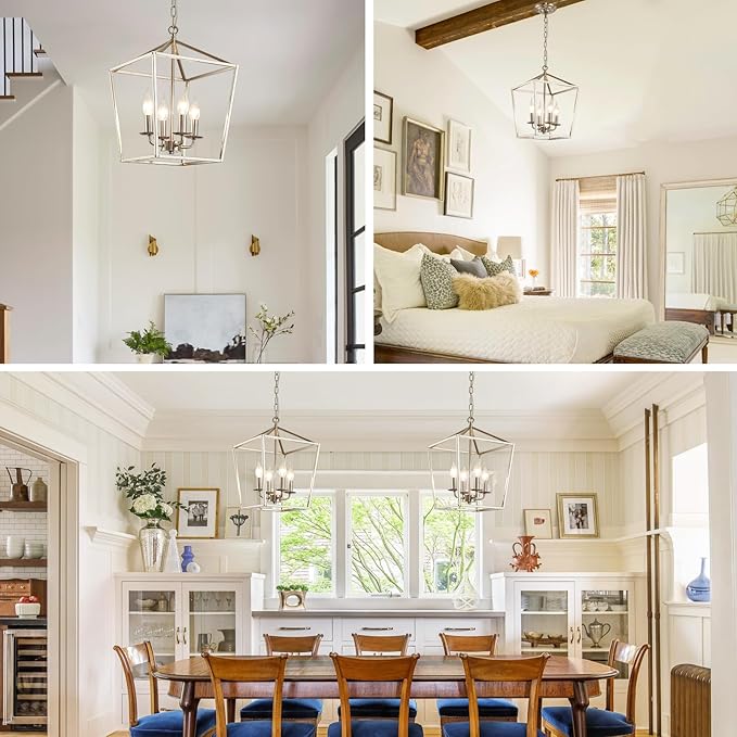 4-Light Brushed Nickel Farmhouse Chandelier, 12" Industrial Ceiling Light Lantern Pendant Light with Metal Cage Adjustable Height Rustic Hanging Light E12 Base for Kitchen Island Dining Room Entryway-CasaMuseHome