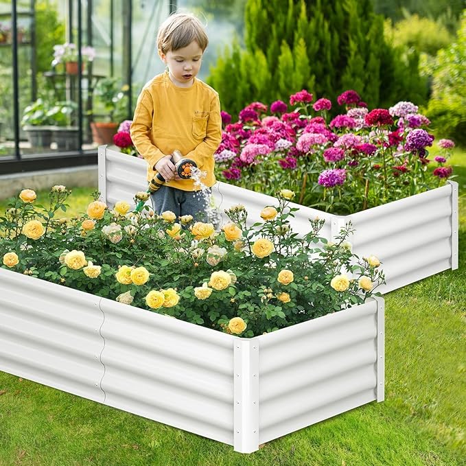 6x3x1ft Large Outdoor Planter Boxes Kit Set of 2, Galvanized Raised Bed Planter with Open-Ended Base Design, Elevated for Outdoor Plants, Durable Raised Bed for Gardening,Beige-CasaMuseHome