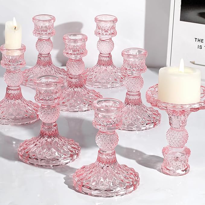 12Pcs Pink Candlestick Holders Set- 4" H Taper Candle Holders Bulk, Glass Candle Holders for Wedding, Party, Romantic Dinner Table Centerpieces, Festival Gifts & Windowsill Decor-CasaMuseHome