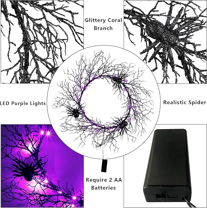 24 Inch Halloween Wreath for Front Door - Lighted Black Spider Wreath with Purple LED Lights, Outdoor/Indoor Spooky Decorations for Halloween Party, Porch, Holiday Home Decor-CasaMuseHome
