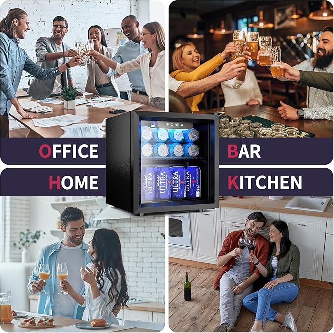 48 Can Beverage Refrigerator Cooler, Mini Fridge Glass Door with Adjustable Shelves, Freestanding Beverage Fridge with Blue LED for Home/Office/Dorm/Bar, 1.3 Cu.ft-CasaMuseHome
