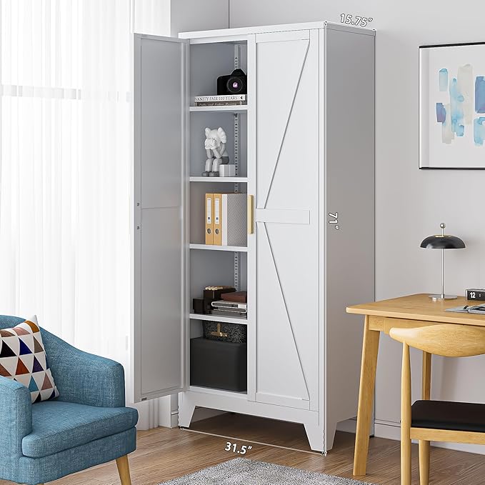 71'' Farmhouse Metal Storage Cabinet with Barn Doors,Steel File Cabinet for Home Office,Kitchen Pantry 4 Adjustable Shelves,Freestanding Cupboard for Kitchen,for Home Office,School (White)-CasaMuseHome