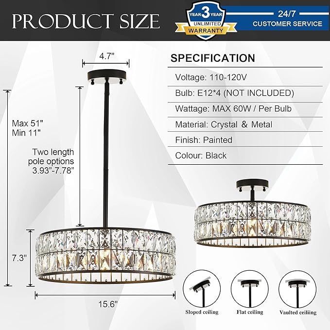 16” 4-Light Modern Crystal Chandeliers Black Dinning Room Light Fixture with Two Rods, Round Pendant Light Kitchen Island Chandelier, Flush Mount Ceiling Light for Living Room Entryway-CasaMuseHome