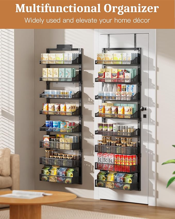 8-Tier Over the Door Pantry Organizer, Large Metal Door Spice Rack with Adjustable Basket, 2 in 1 Wall Mount or Hanging Heavy-Duty Pantry Door Storage Shelf for Kitchen and Bathroom, Black-CasaMuseHome