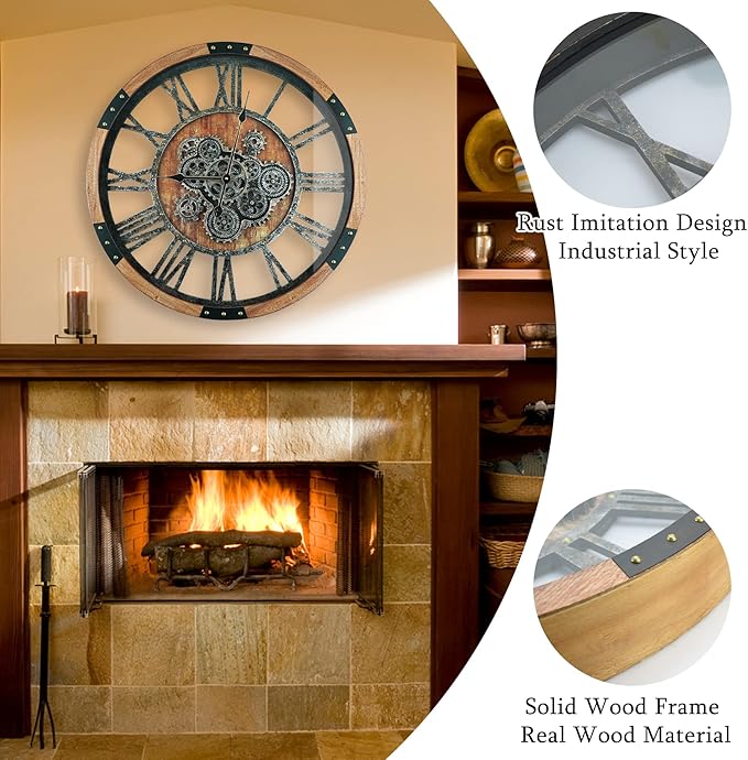 27 Inch Moving Gear Wall Clock, Oversized Wall Clocks, Clock Living Room Decor, Solid Wood Frame, Battery Operated, Large Wall Clock with Steampunk Industrial for Fireplace(Brown)-CasaMuseHome