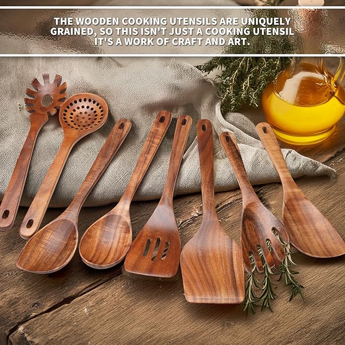 9 PCS Kitchen Utensils Set - Wooden Spoons for Cooking, Natural Teak Wooden Utensils - Includes Wooden Spoons, Spatula Set, Slotted Spoon - Handmade Wooden Spoon Set-CasaMuseHome