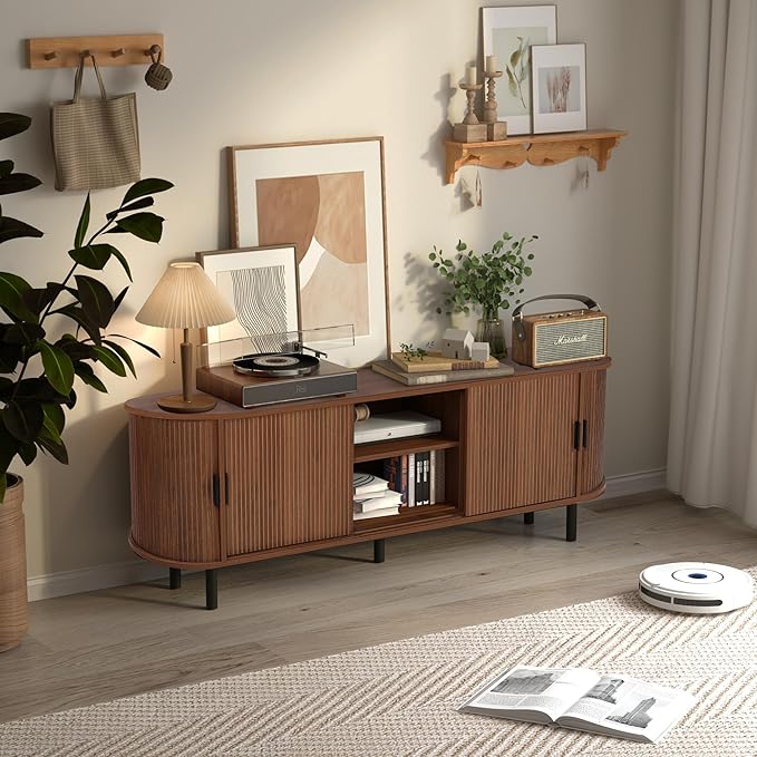 62" Tambour Door TV Stand,Wood Mid Century Modern TV Cabinet for Up to 70“ TV,Curved Edge Long TV Stand with Storage for Bedroom Living Room(Walnut, 62.2inch)-CasaMuseHome