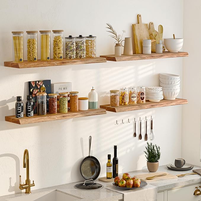 48 Inch Floating Shelves for Wall, Rustic Live Edge Elm Wood Shelf, Heavy-Duty Deep Floating Shelf for Home Decor, Wall Mounted Storage Shelves for Books, Bathroom, and Kitchen, Natural Finish-CasaMuseHome