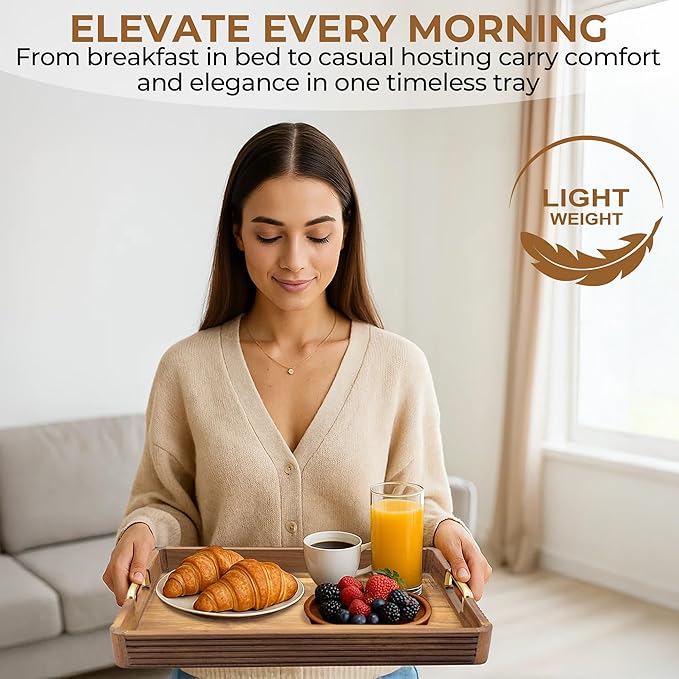 Acacia Wood Serving Tray with Metal Handles – 17x12in Rustic Decorative Ottoman & Coffee Table Tray for Breakfast in Bed, Dinner, Bar, Kitchen, Home Décor & Entertaining-CasaMuseHome