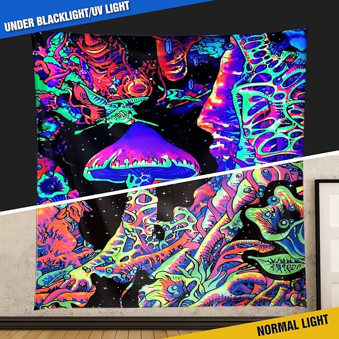 ADDWel Blacklight Mushroom Tapestry, Upright Tapestry Glow In The Dark, UV Reactive Black Light Tapestries Posters Wall Hanging for Bedroom Dorm Living Room Backdrop Decor (mushroom, 30" x 40")-CasaMuseHome