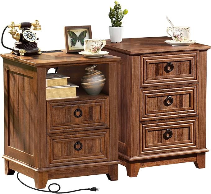 18" Farmhouse Night Stands Set of 2 with Charging Station, 2 & 3 Drawers End Table Dresser for Bedroom, Brown Wooden Nightstand, Bed Side Table with Open Shelf, Bedside Cabinet for Living Room-CasaMuseHome