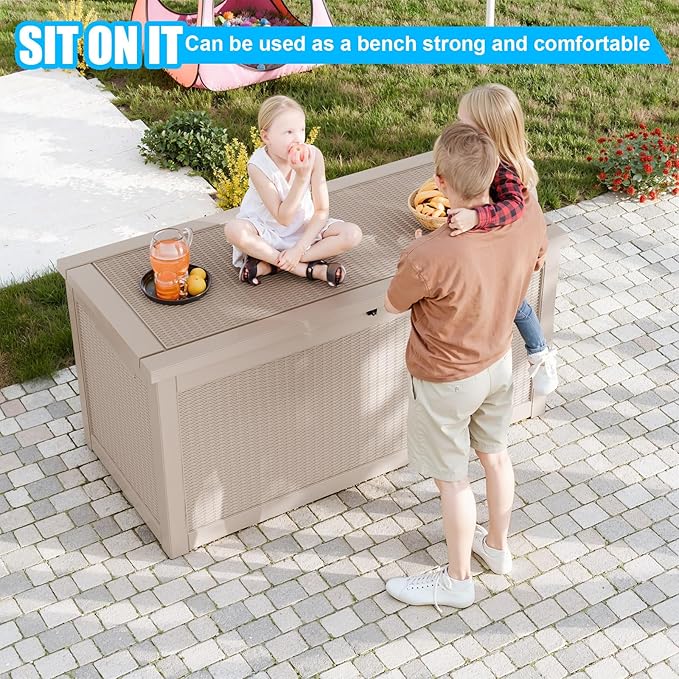 260 Gallon Large Resin Deck Box, Lockable Outdoor Storage Box for Patio Cushions Storage Furniture,Garden Tools, Pool Supplies, Weatherproof and UV Resistant- Grey Rattan (260 Gallon)-CasaMuseHome