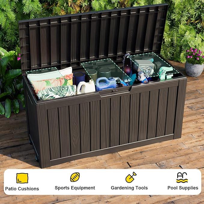 75 Gallon Resin Deck Box, Lockable Outdoor Storage Box for Patio Cushions Storage Furniture,Garden Tools, Pool Supplies, Weatherproof and UV Resistant（Black）-CasaMuseHome