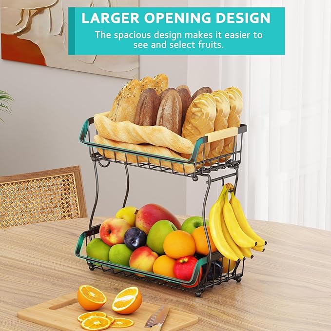 2 Tier Fruit Basket with 2 Banana Hangers, Detachable Countertop Fruit Bowls for Kitchen Counter, Metal Wire Fruit Vegetable Storage Holder Stand with Wooden Handles for Bread, Snacks, Veggies-CasaMuseHome