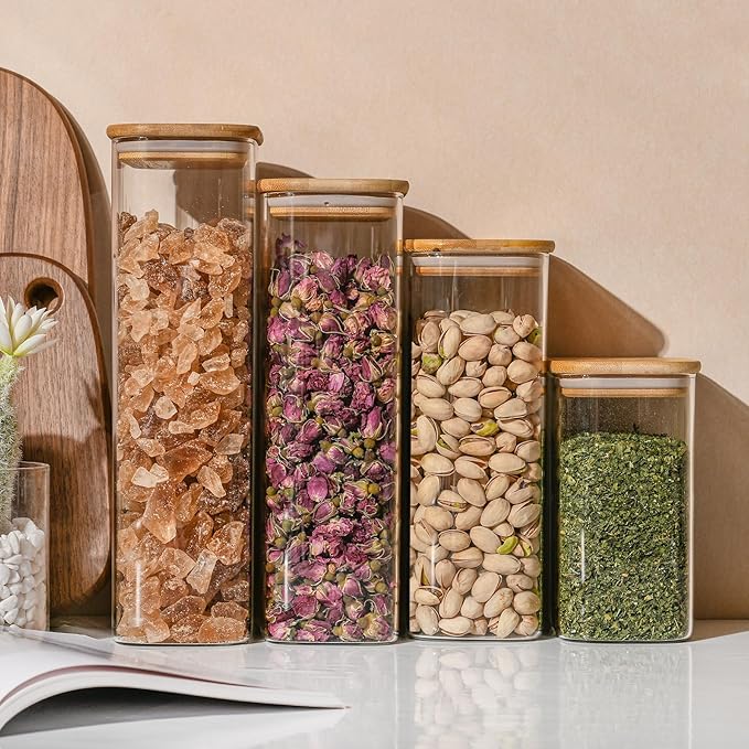 64oz Rectangle Airtight Glass Storage Containers with Bamboo Lids (Set of 3), Square Food Storage Jar, Pantry Organizers for Cereal, Flour, Pasta and Coffee beans (‎with Black Lable)-CasaMuseHome