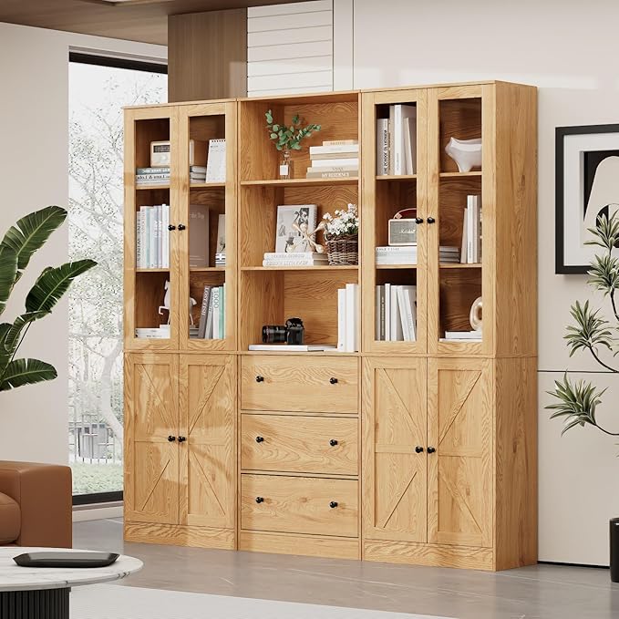 71" Tall Bookshelves Set of 3, 1 Bookcase with Drawers & 2 Bookshelves with Doors, Wooden Floor Standing Display Storage Shelves for Home Office, Living Room-CasaMuseHome