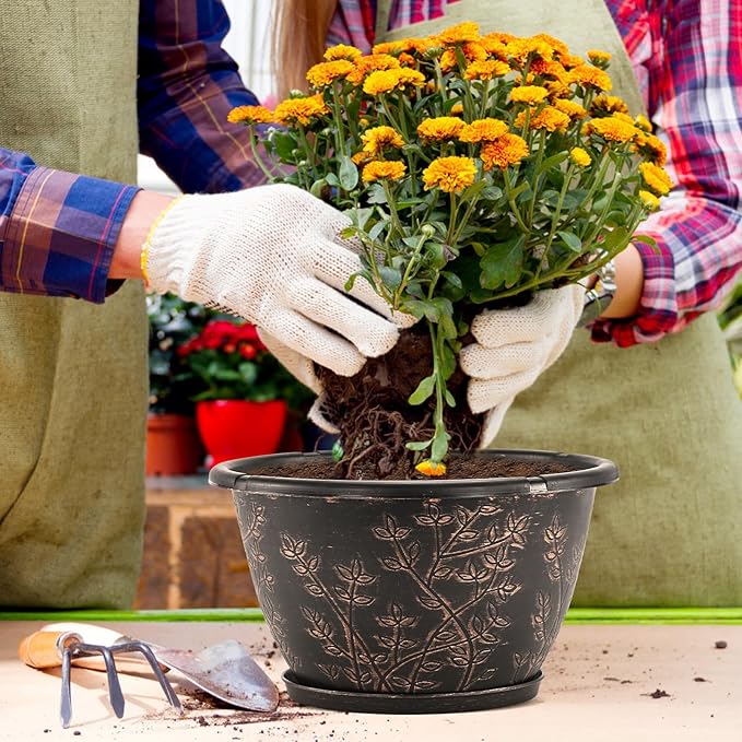 12-inch-Flower-Pots-Outdoor-Indoor, 4 Pack Plastic Planter Pots for Plant with Drainage Hole Saucer, Decorative Resin Garden Container with Tray-CasaMuseHome