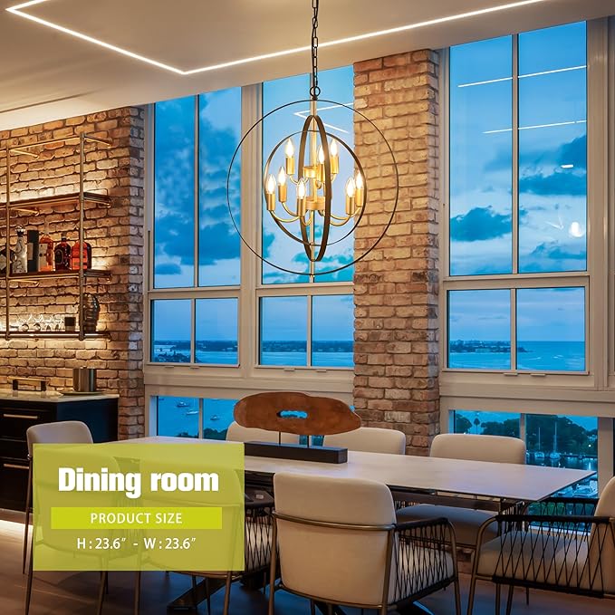 9-Light Globe Rustic Metal Chandelier, 23.6" Black Gold Adjustable Hanging Ceiling Pendant Light Fixture for Entryway Foyer Stairway Bedroom Dining Living Room Hallway-CasaMuseHome