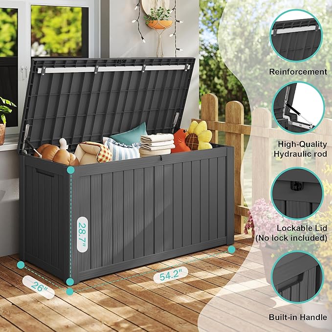150Gal Outdoor Deck Box Waterproof, Lager Patio Storage Box Indoor and Outdoor Use, Lockable Resin Storage Bin for Patio Furniture Cushions Garden Tools, Package Delivery,UV Resistant-Black-CasaMuseHome