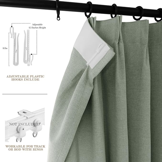 100" W x 96" L Faux Linen Room Divider Curtains, Full Blackout Pinch Pleated Drapes for Traverse Rod, Bedroom Divider Privacy Drapery with Hooks for Ceiling Track, 1 Panel, Fog Green-CasaMuseHome