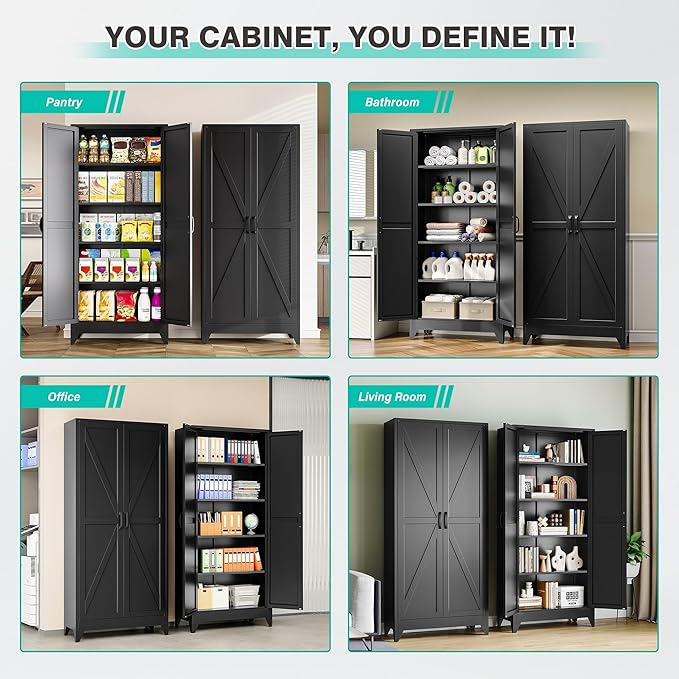 75" Tall Pantry Cabinet,Farmhouse Kitchen Pantry Storage Cabinets with 2 Doors and 5 Shelves,Black Metal Storage Cabinet,Large Cupboard for Home,Kitchen,Dining/Living Room-CasaMuseHome