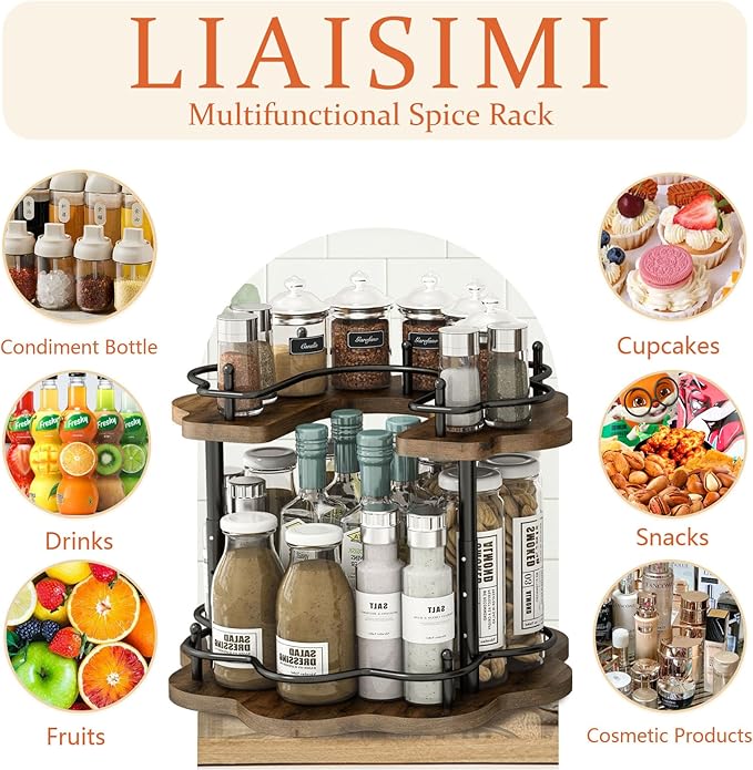 2 Tier Lazy Susan Organizer,2-Tier Spinning Spice Rack with Stable Carousel Base & 4 Height Settings for Cupboard Kitchen Countertop Dining Table Cupboard (Petal Shape)-CasaMuseHome