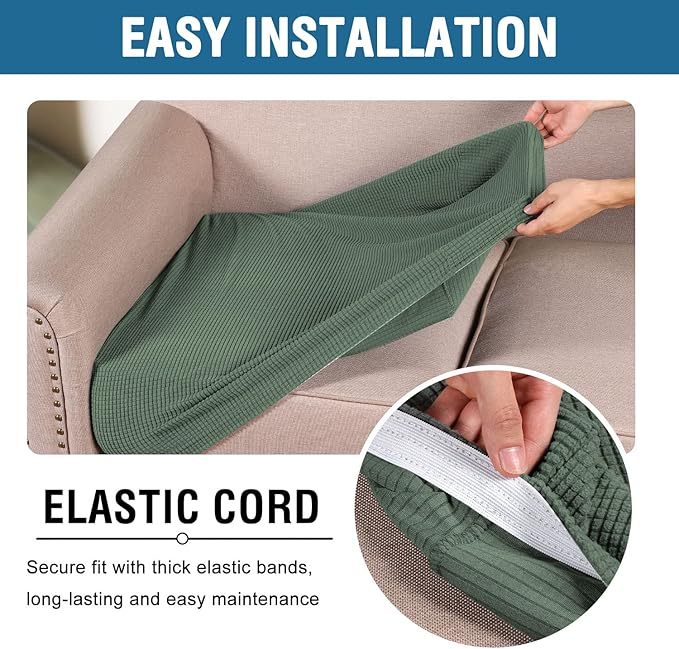 H.VERSAILTEX Super Stretch Individual Seat Cushion Covers Sofa Covers Couch Cushion Covers Slipcover Sets Thick Jacquard Textured Twill Fabric (2 Piece Medium Sofa Cushion Covers, Loden Frost)-CasaMuseHome