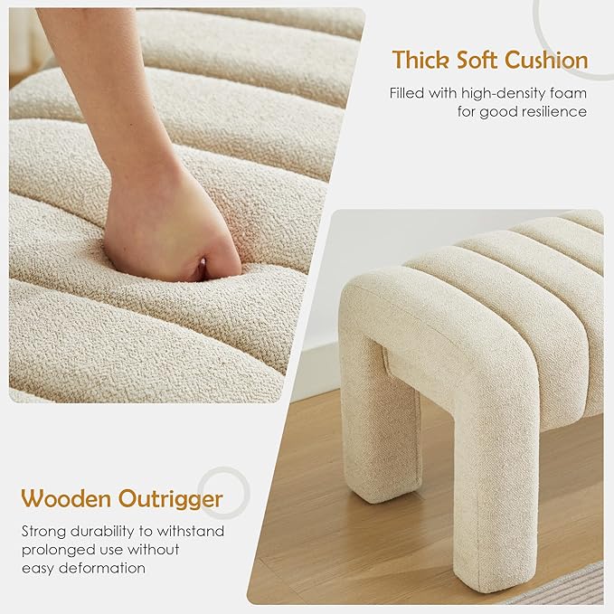 43.3" Bedroom Bench, Upholstered Entryway Bench, Modern End of Bed Ottoman with Solid Wood Legs and Adjustable Foot Pegs for Entryway, Dining Room and Living Room (Beige Linen)-CasaMuseHome