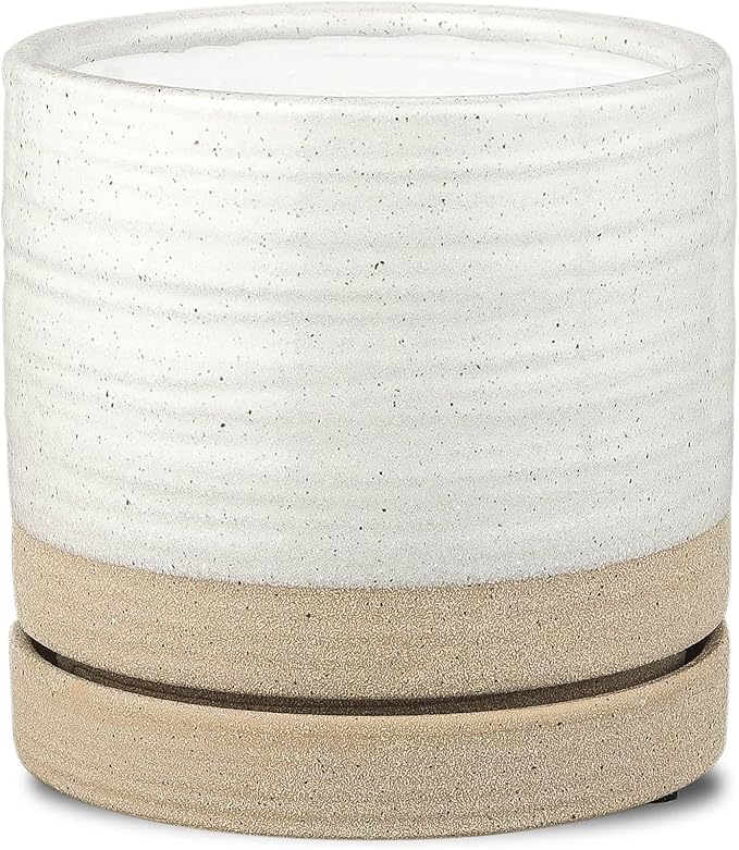 6 Inch Plant Pots, Ceramic Planter Pot with Drainage Hole & Saucer, Indoor/Outdoor Cylinder Round Planter Pot, White & Beige Glaze-CasaMuseHome