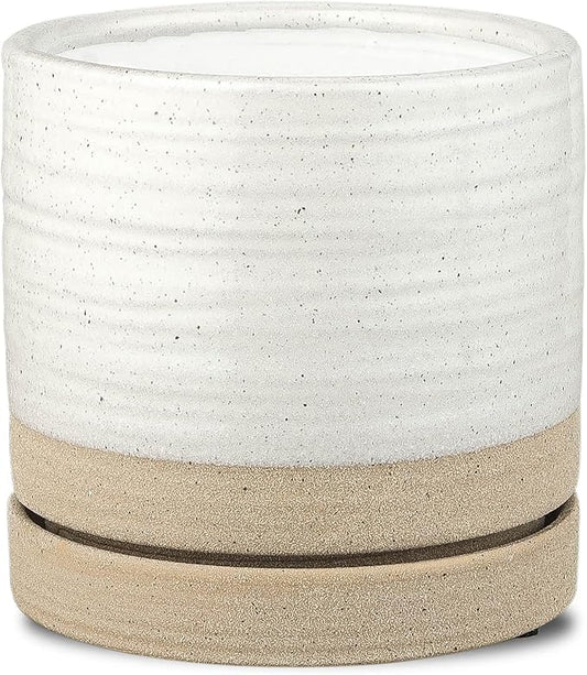 6 Inch Plant Pots, Ceramic Planter Pot with Drainage Hole & Saucer, Indoor/Outdoor Cylinder Round Planter Pot, White & Beige Glaze-CasaMuseHome
