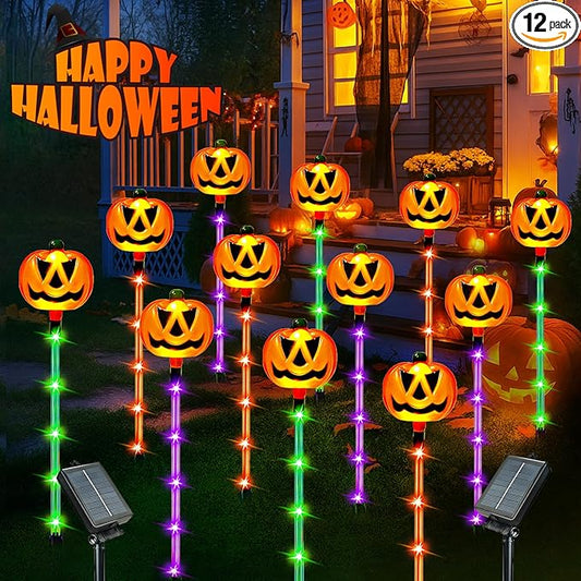 12 Pack Solar Pumpkin Lights for Halloween Decorations Outdoor, Waterproof Halloween Pathway Lights with 8 Modes, Orange Purple and Green Halloween Walkway Stake Lights for Yard Garden Party Decor-CasaMuseHome