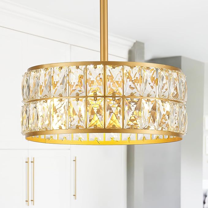 12” 3-Light Modern Crystal Chandeliers Gold Dinning Room Light Fixture, Round Pendant Light Kitchen Island Chandelier, Flush Mount Ceiling Light for Living Room Entryway Bedroom Foyer-CasaMuseHome