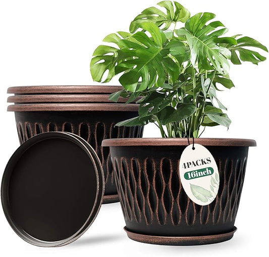 4 Pack 16 Inch Retro Plant Pots, Vintage Striped Flower Pots with Drainage Hole & Saucer, Large Plastic Planters for Indoor and Outdoor Plants, Decorative Garden Pots(Copper)-CasaMuseHome