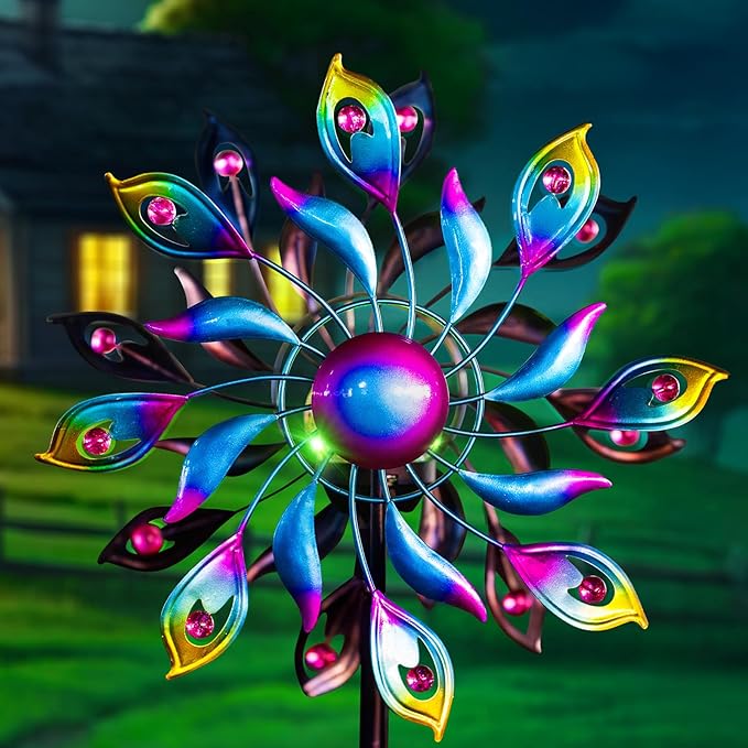 360°Peacock Solar Wind Spinner with Lights Blue Metal Garden Outdoor Decor Yard Lawn Art Decor for Patio Kinetic Windmills Unique Gifts for Friends and Family 51.9' H x 12.2'' Dia-CasaMuseHome