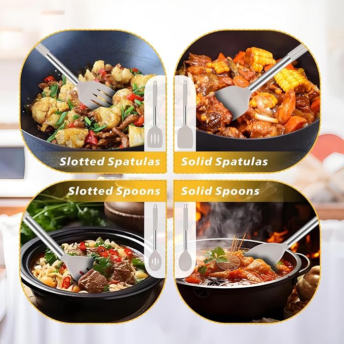 5-Piece Silicone Kitchen Tool Set, BPA-Free, Heat-Resistant, Non-Stick & Dishwasher-Safe, with Slotted/Solid Spoons & Spatulas for Frying, Mixing, Draining – Includes Multi-Purpose Serving Hook(Khaki)-CasaMuseHome