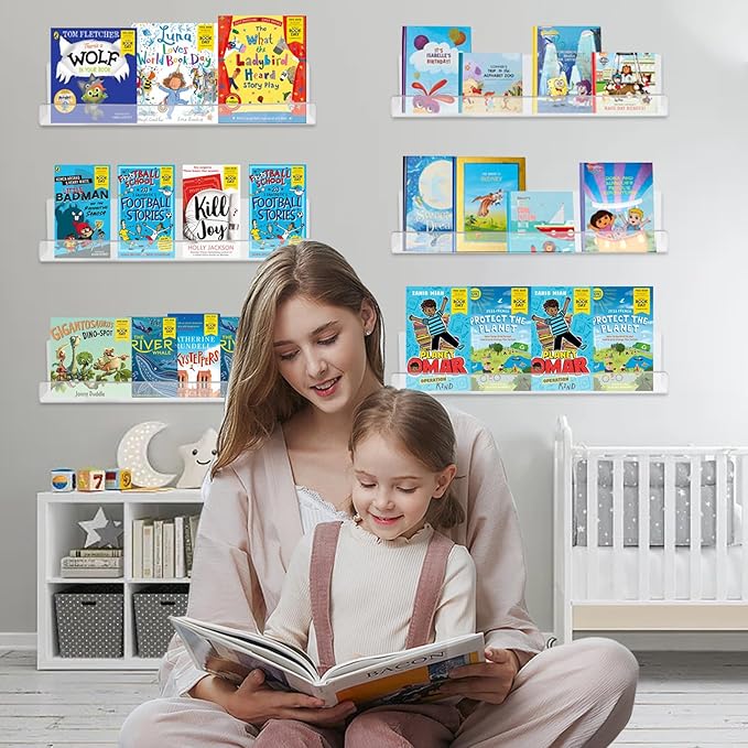 6 Pack Clear Acrylic Floating Shelves for Wall, 15'' Plastic Wall Mounted Display Shelf Kids Bookshelf and Spice Organizer for Bedroom, Living Room, Kitchen, Bathroom, Office-CasaMuseHome